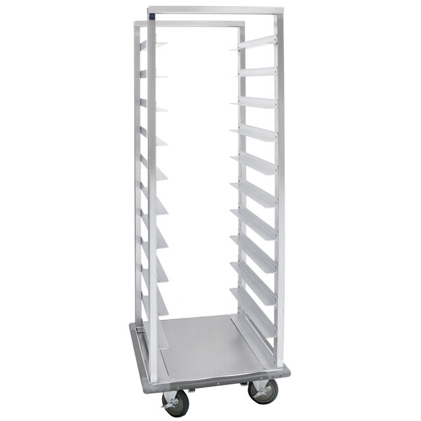 A white metal Cres Cor roll-in refrigerator rack with shelves on wheels.