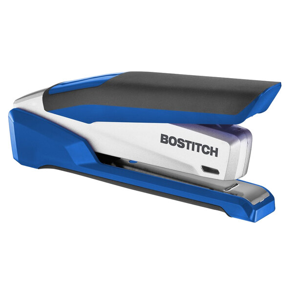 A blue and silver Bostitch PaperPro inPOWER+ stapler.