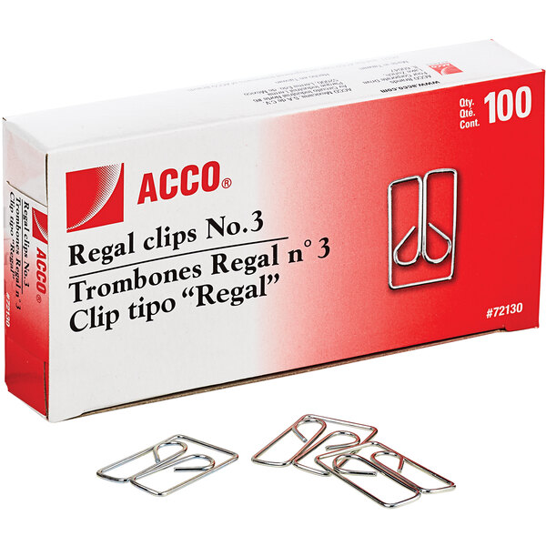 A box of 100 Acco silver #3 Regal clips.