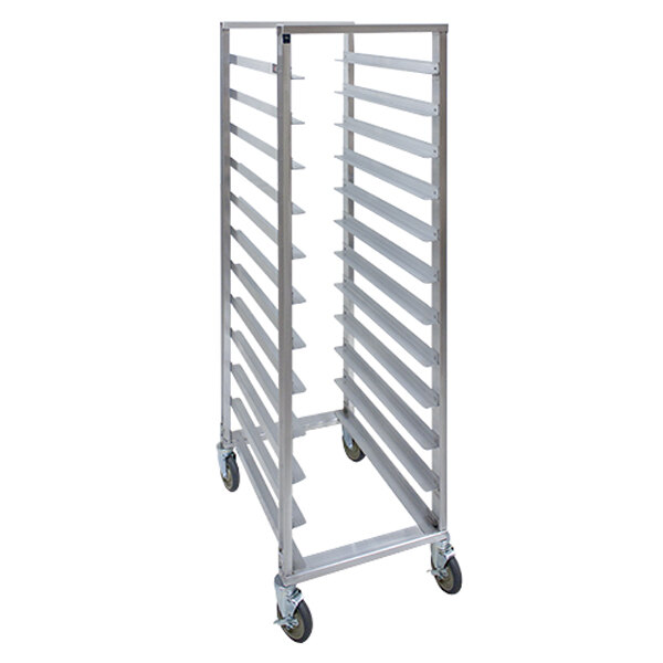 A Cres Cor aluminum sheet pan rack with wheels.