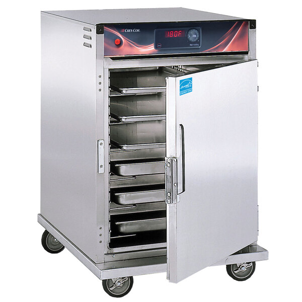 A Cres Cor stainless steel holding cabinet on wheels.