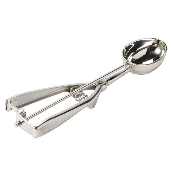 A silver Thunder Group stainless steel ice cream scoop with a squeeze handle.