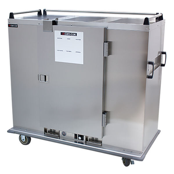A stainless steel Cres Cor heated banquet cabinet on wheels.