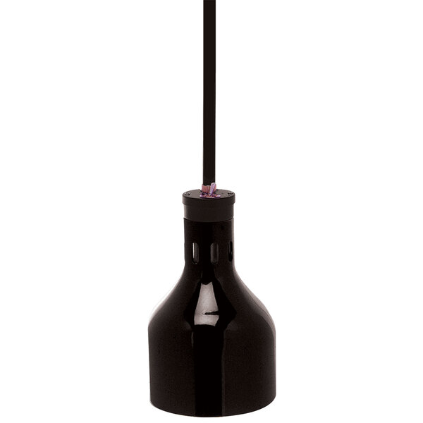 A black Cres Cor ceiling mount infrared bulb food warmer with a long black tube.