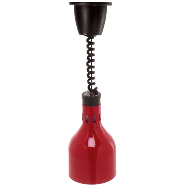 A close-up of a red and black Cres Cor retractable ceiling mount infrared bulb warmer.