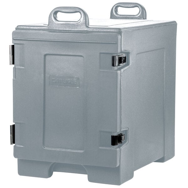 A Carlisle Cateraide front loading insulated food pan carrier in slate blue plastic with handles.