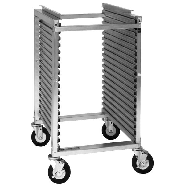 A metal Cres Cor sheet pan rack with wheels.