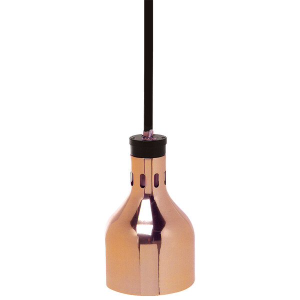 A Cres Cor polished brass infrared bulb food warmer with a rigid stem.