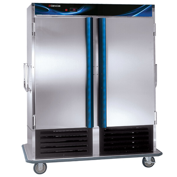 A large stainless steel Cres Cor refrigerated cabinet with two doors and blue handles.