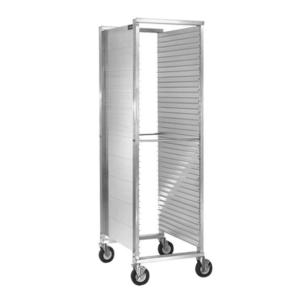 A Cres Cor aluminum sheet pan rack with wheels.
