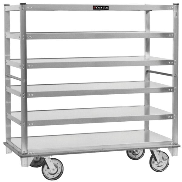 A stainless steel Cres Cor Queen Mary banquet service cart with 6 flat shelves.
