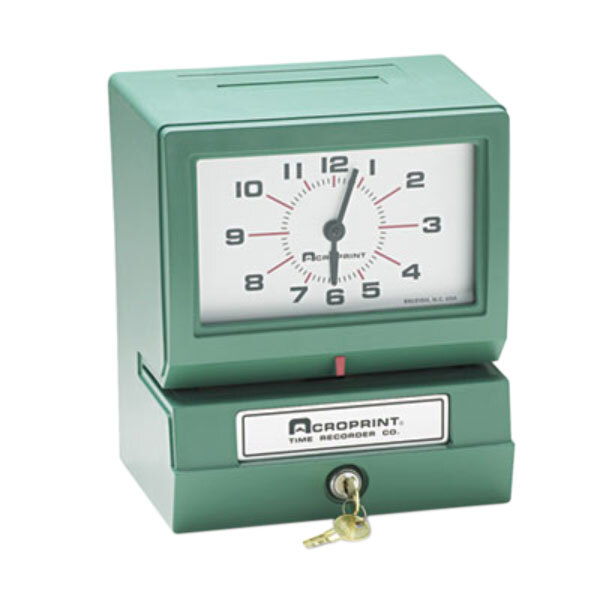 A green Acroprint Model 150 time clock with a white face and black text above a key in a keyhole.