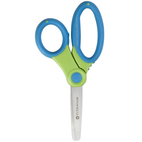 A pair of Westcott kids scissors with blue and green handles.