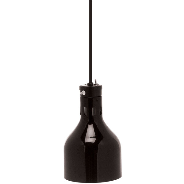 A black Cres Cor ceiling mount infrared bulb food warmer with a flexible cord.