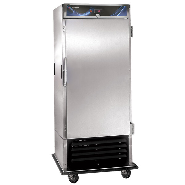 A large silver Cres Cor refrigerated cabinet on wheels with a door.