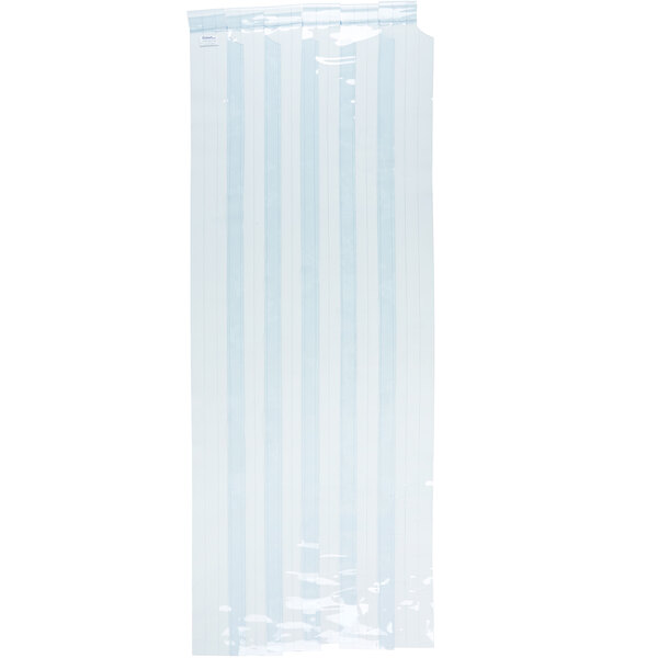 A clear plastic bag with white and blue stripes on a white rectangular object.