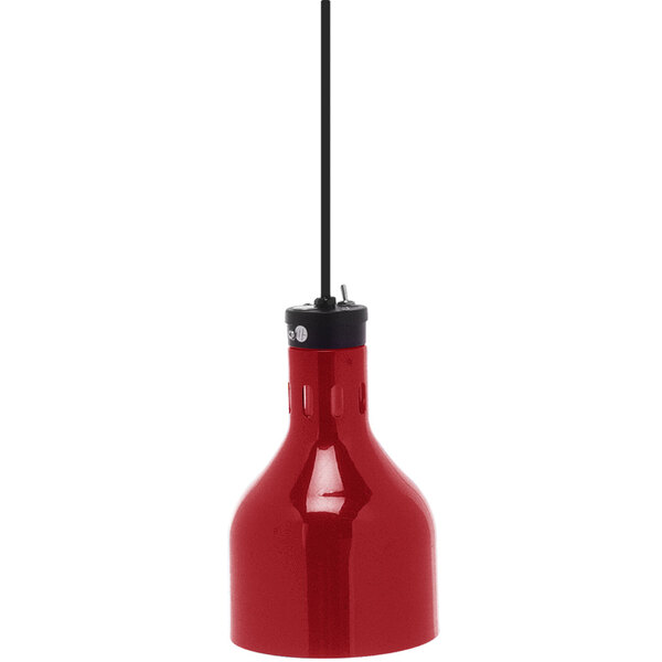 A red Cres Cor ceiling-mounted infrared heat lamp with a black cord.