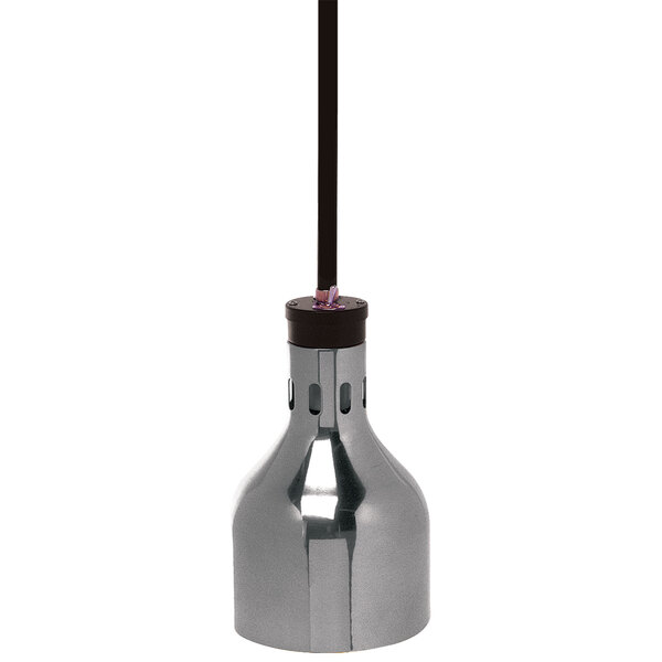 A close-up of a Cres Cor polished nickel infrared bulb with a red cord.