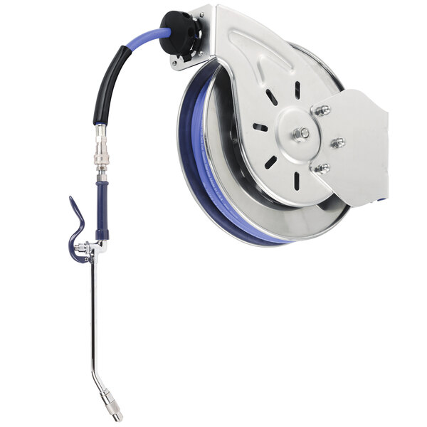 A T&amp;S stainless steel hose reel with a hose attached.