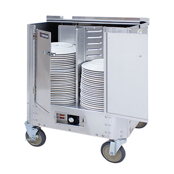 A large metal Cres Cor heated plate dispenser cart.