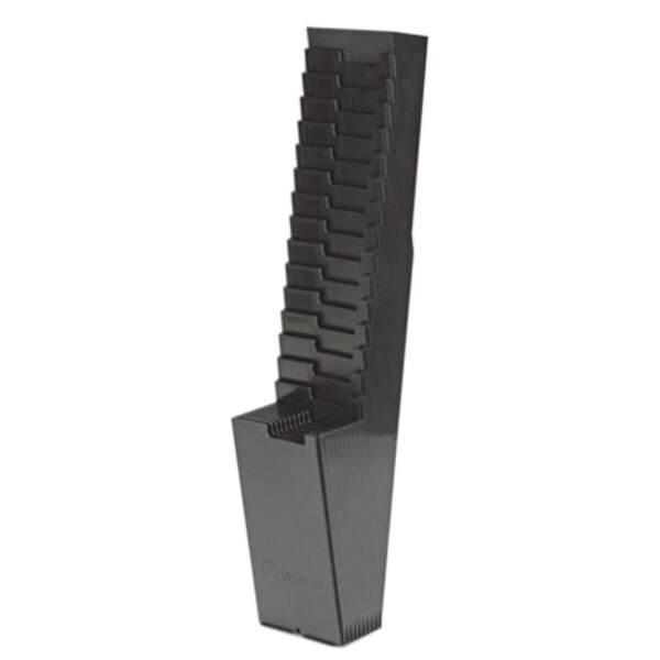 A black plastic Acroprint time card rack with 25 pockets.