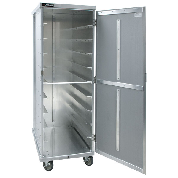 A silver metal Cres Cor meal delivery cart with a grey door open.