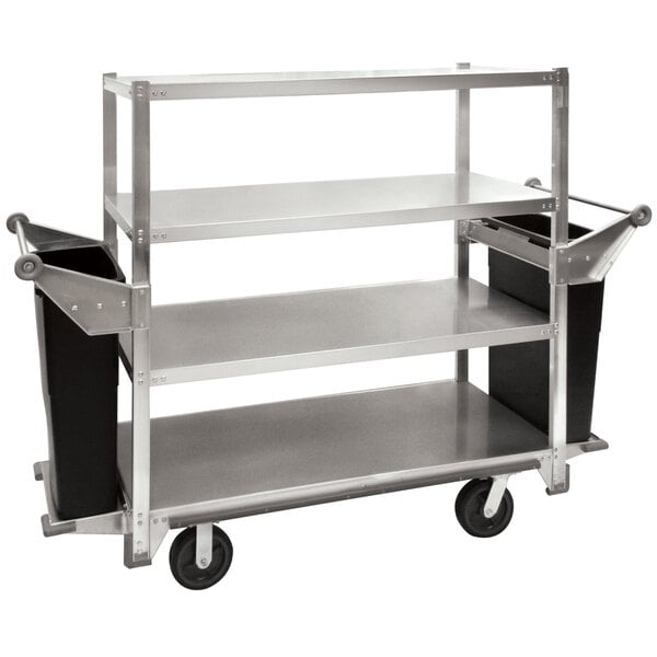 A silver Cres Cor Queen Mary banquet service cart with flat shelves.