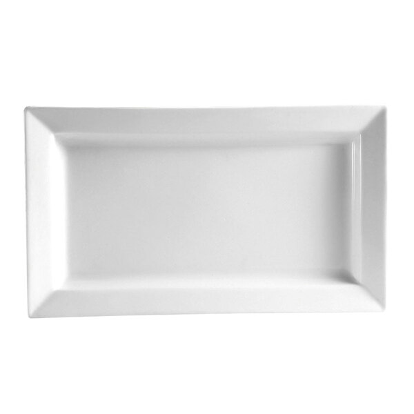 A bright white rectangular porcelain platter with a small rim.
