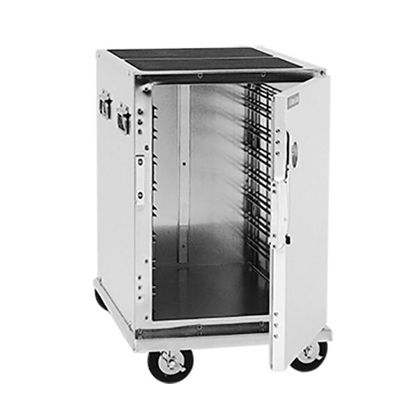 A white metal Cres Cor mobile food pan transport cabinet with a metal door open.