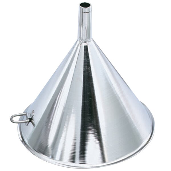 A silver Vollrath stainless steel funnel with a metal handle.