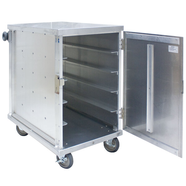 A silver metal Cres Cor meal delivery cart with an open door.