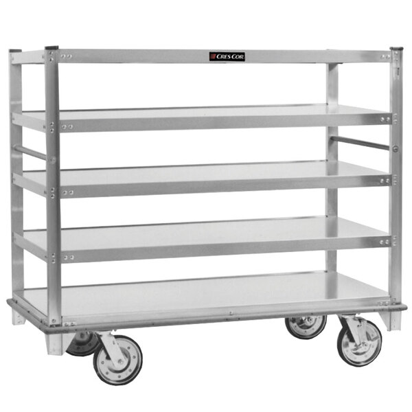 A stainless steel Cres Cor Queen Mary banquet service cart with 5 flat shelves on wheels.