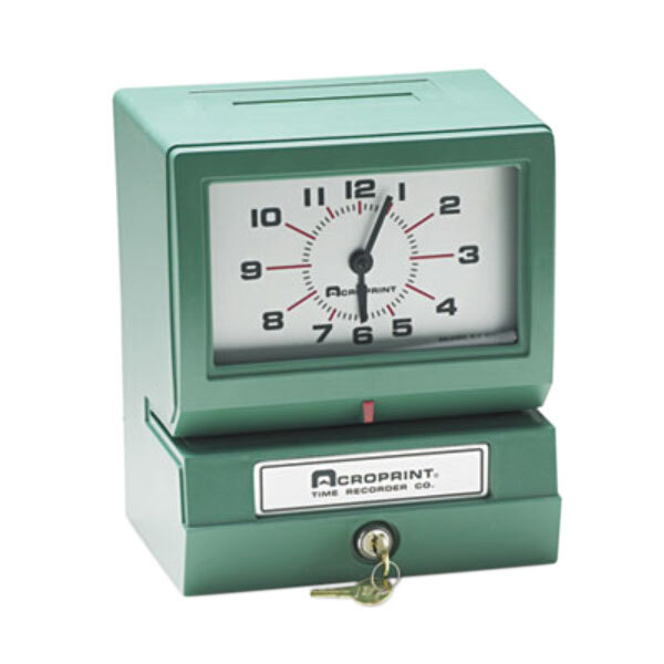 An Acroprint Model 150 time clock with a green case and white face and a key.