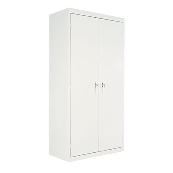 A light gray Alera steel storage cabinet with two doors and silver handles.