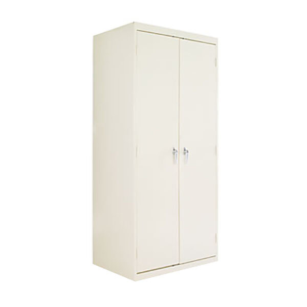 A putty steel storage cabinet with two doors and silver handles.