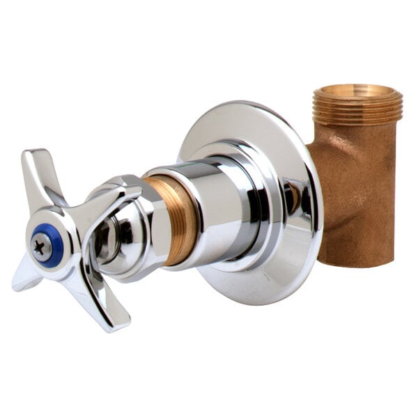 A chrome plated T&S concealed straight valve with a brass four arm handle with index.