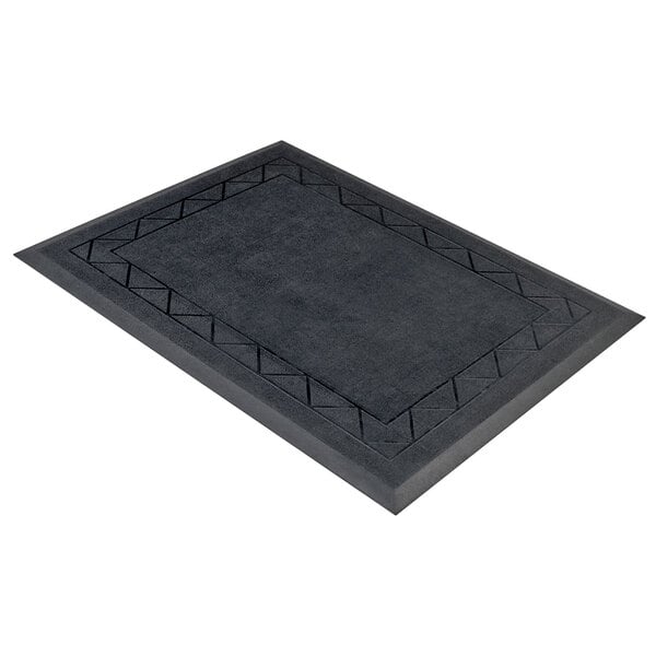A black rectangular anti-fatigue mat with a decorative border.