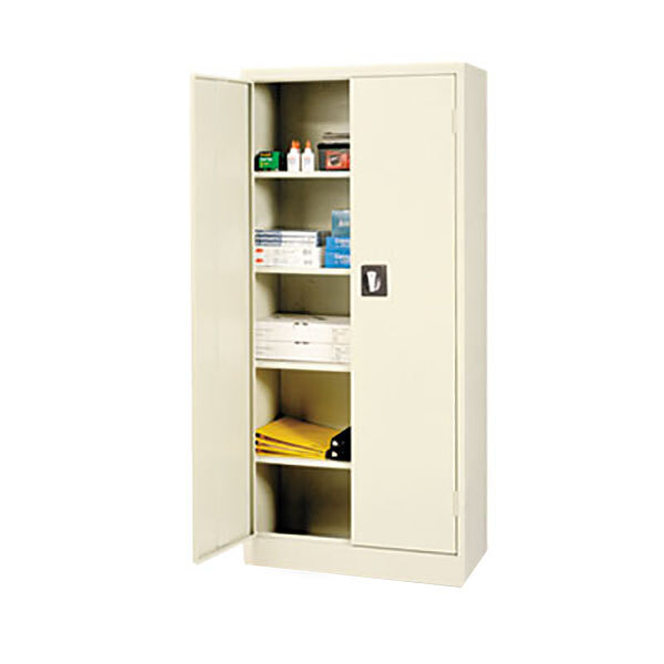 A white metal Alera storage cabinet with doors open and shelves inside.