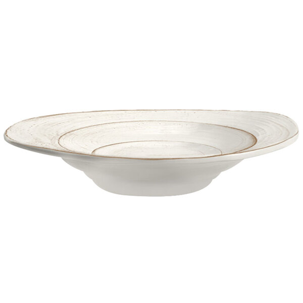 An off white Elite Global Solutions Della Terra melamine bowl with an irregular shape and a gold rim.