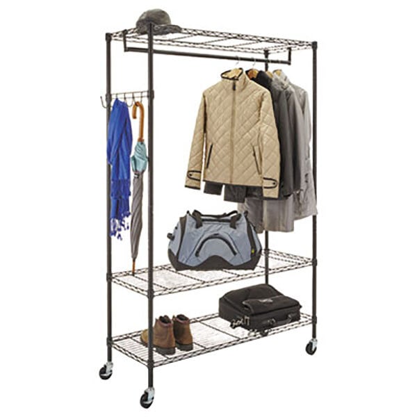 A black Alera wire coat rack with clothes and luggage on it.