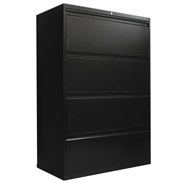 A black Alera metal lateral file cabinet with four drawers.