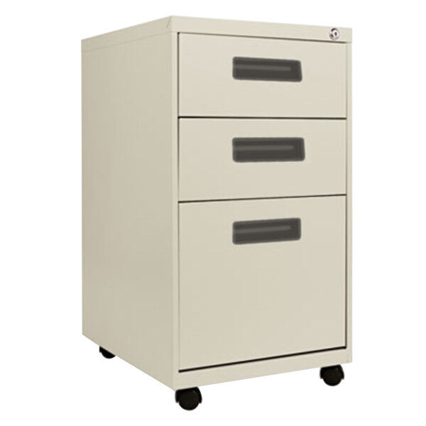 A putty Alera three-drawer metal mobile pedestal file with recessed drawer pulls.