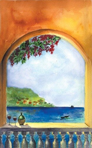 A blue and yellow Mediterranean themed menu paper cover with a painting of a window overlooking the sea.