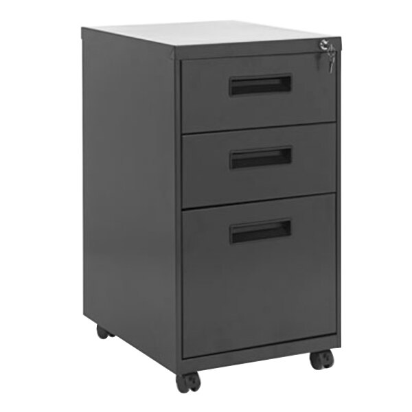 A black Alera three-drawer metal mobile pedestal file cabinet on wheels.