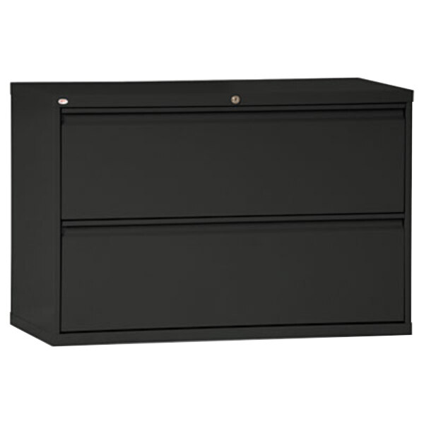 A black Alera metal lateral file cabinet with two drawers.