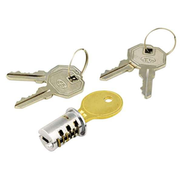 A set of Alera chrome metal pedestal file lock cores and keys.