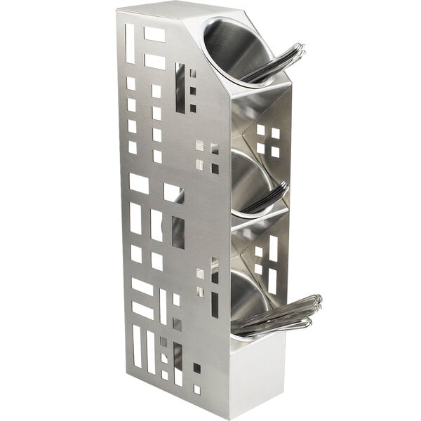 A stainless steel Cal-Mil vertical utensil holder with three cylinders.