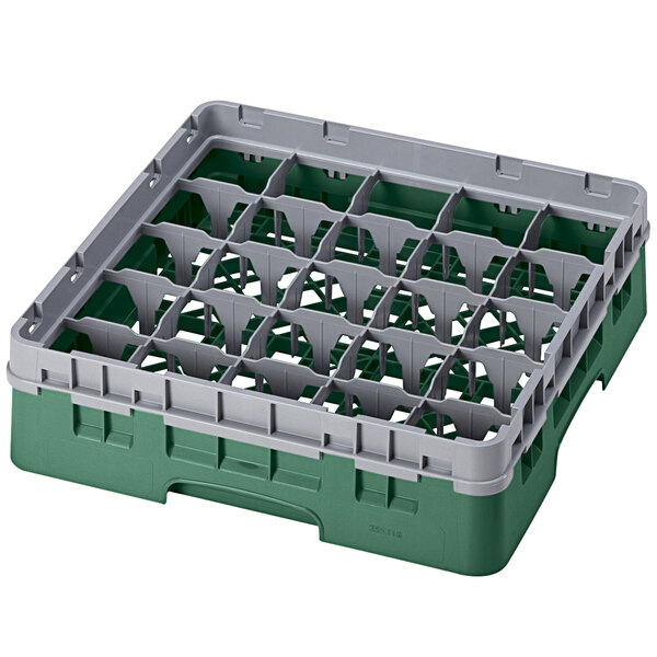 A green plastic Cambro glass rack with 25 compartments.