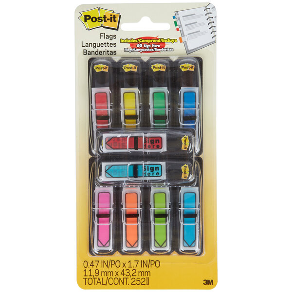 A package of 10 3M Post-it® "Sign Here" message flags in assorted colors with a plastic dispenser.