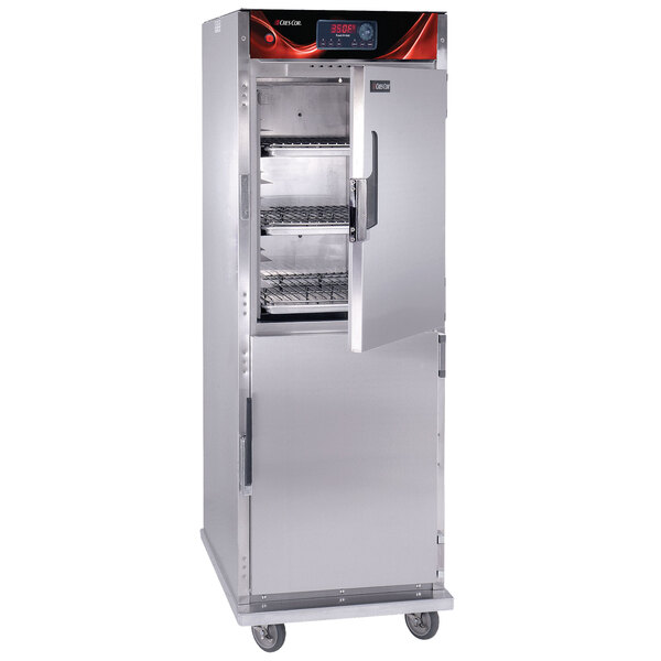 A stainless steel Cres Cor roast-n-hold convection oven on wheels.